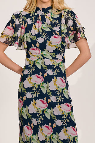 High Neck Angel Sleeve Chiffon Maxi Dress, Navy Floral