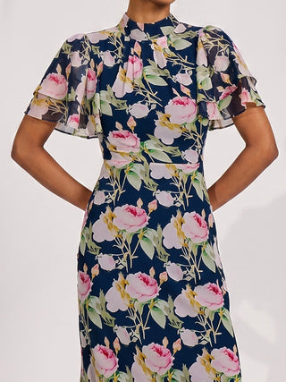 High Neck Angel Sleeve Chiffon Maxi Dress, Navy Floral