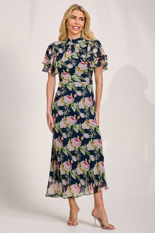 High Neck Angel Sleeve Chiffon Maxi Dress, Navy Floral