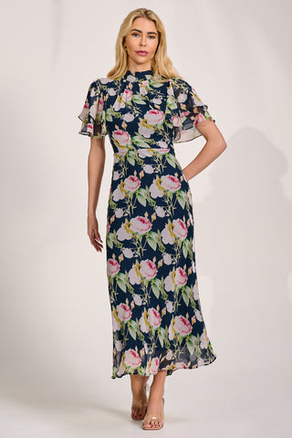 High Neck Angel Sleeve Chiffon Maxi Dress, Navy Floral