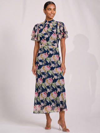 High Neck Angel Sleeve Chiffon Maxi Dress, Navy Floral