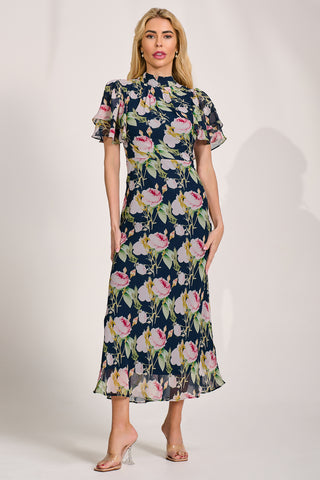 High Neck Angel Sleeve Chiffon Maxi Dress, Navy Floral