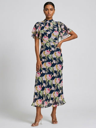 High Neck Angel Sleeve Chiffon Maxi Dress, Navy Floral