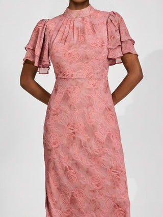 High Neck Angel Sleeve Chiffon Maxi Dress, Pink Abstract