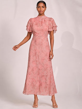 High Neck Angel Sleeve Chiffon Maxi Dress, Pink Abstract