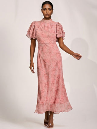 High Neck Angel Sleeve Chiffon Maxi Dress, Pink Abstract