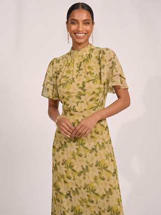 High Neck Angel Sleeve Chiffon Maxi Dress, Yellow Floral