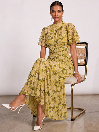 High Neck Angel Sleeve Chiffon Maxi Dress, Yellow Floral