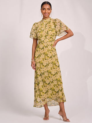 High Neck Angel Sleeve Chiffon Maxi Dress, Yellow Floral