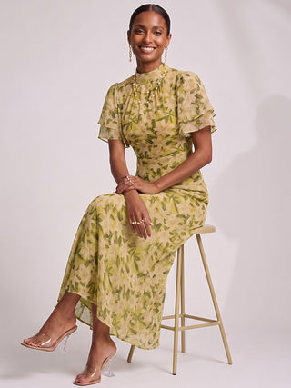 High Neck Angel Sleeve Chiffon Maxi Dress, Yellow Floral