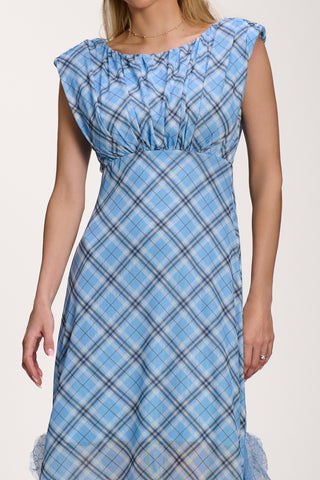 Lace Insert Mesh Maxi Dress, Blue Check