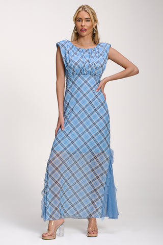 Lace Insert Mesh Maxi Dress, Blue Check