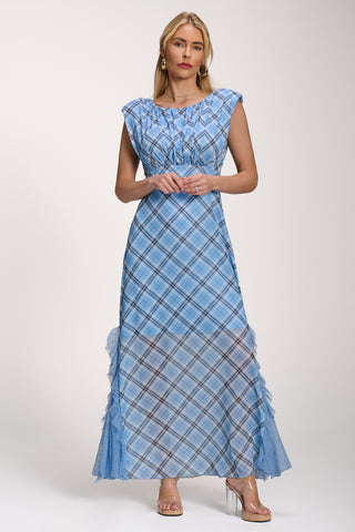 Lace Insert Mesh Maxi Dress, Blue Check