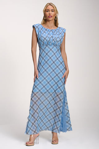 Lace Insert Mesh Maxi Dress, Blue Check