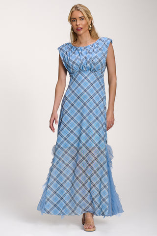 Lace Insert Mesh Maxi Dress, Blue Check