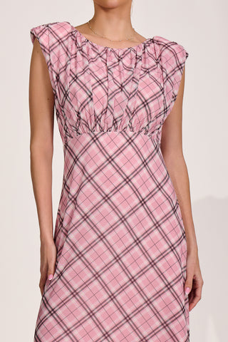 Lace Insert Mesh Maxi Dress, Pink Check