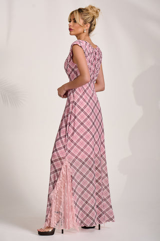 Lace Insert Mesh Maxi Dress, Pink Check