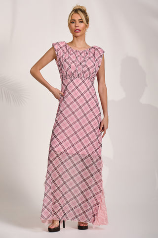 Lace Insert Mesh Maxi Dress, Pink Check