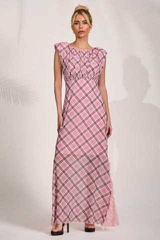 Lace Insert Mesh Maxi Dress, Pink Check