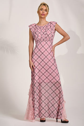 Lace Insert Mesh Maxi Dress, Pink Check