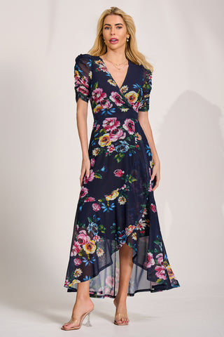 Ruched Sleeve Mesh Maxi Dress, Navy Floral