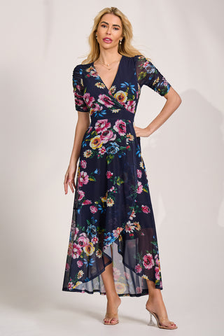 Ruched Sleeve Mesh Maxi Dress, Navy Floral
