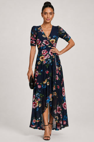 Ruched Sleeve Mesh Maxi Dress, Navy Floral