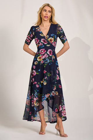 Ruched Sleeve Mesh Maxi Dress, Navy Floral