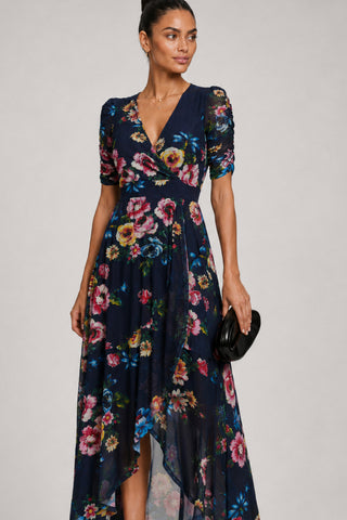 Ruched Sleeve Mesh Maxi Dress, Navy Floral