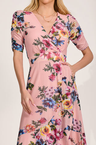 Ruched Sleeve Mesh Maxi Dress, Pink Floral
