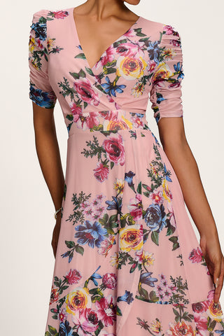Ruched Sleeve Mesh Maxi Dress, Pink Floral