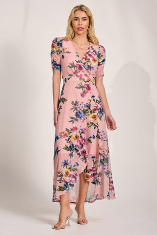 Ruched Sleeve Mesh Maxi Dress, Pink Floral