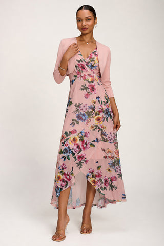 Ruched Sleeve Mesh Maxi Dress, Pink Floral