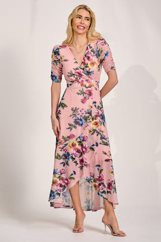 Ruched Sleeve Mesh Maxi Dress, Pink Floral