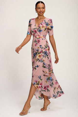 Ruched Sleeve Mesh Maxi Dress, Pink Floral
