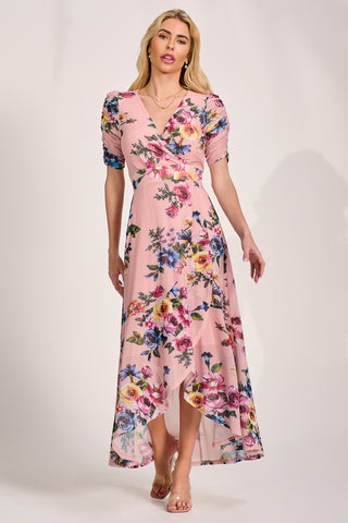 Ruched Sleeve Mesh Maxi Dress, Pink Floral