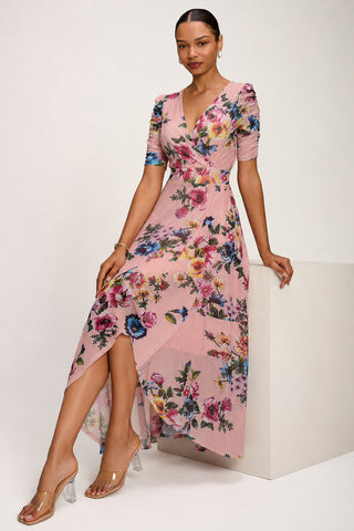 Ruched Sleeve Mesh Maxi Dress, Pink Floral