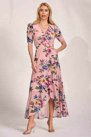 Ruched Sleeve Mesh Maxi Dress, Pink Floral