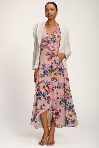 Ruched Sleeve Mesh Maxi Dress, Pink Floral