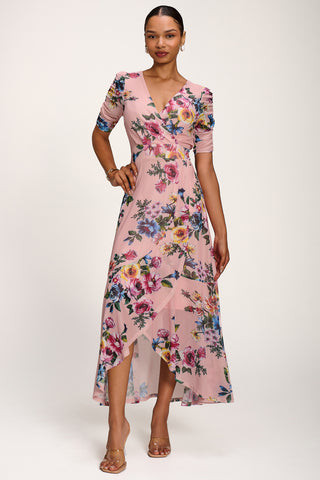 Ruched Sleeve Mesh Maxi Dress, Pink Floral