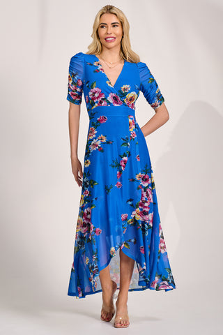 Ruched Sleeve Mesh Maxi Dress, Royal Blue Floral