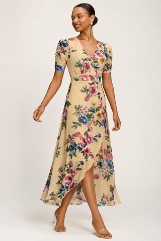 Ruched Sleeve Mesh Maxi Dress, Yellow Floral