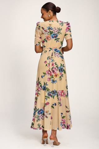 Ruched Sleeve Mesh Maxi Dress, Yellow Floral