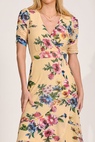 Ruched Sleeve Mesh Maxi Dress, Yellow Floral
