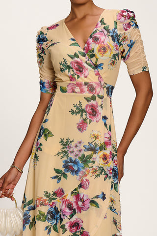 Ruched Sleeve Mesh Maxi Dress, Yellow Floral