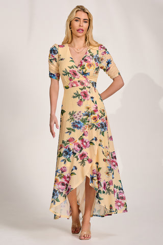 Ruched Sleeve Mesh Maxi Dress, Yellow Floral