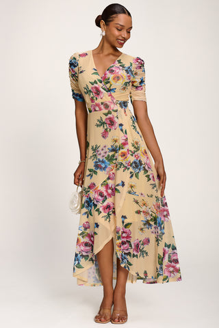 Ruched Sleeve Mesh Maxi Dress, Yellow Floral
