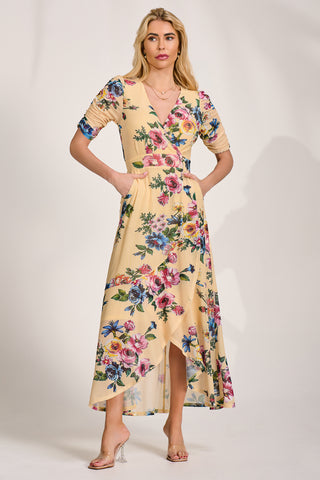 Ruched Sleeve Mesh Maxi Dress, Yellow Floral