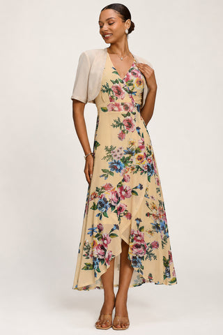 Ruched Sleeve Mesh Maxi Dress, Yellow Floral