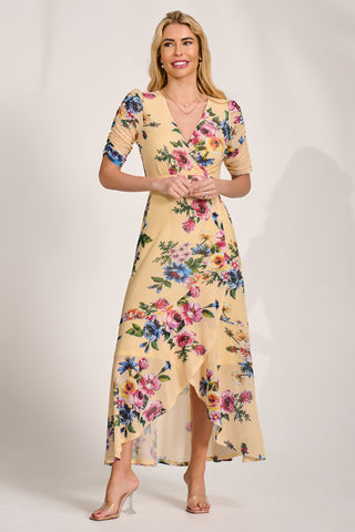 Ruched Sleeve Mesh Maxi Dress, Yellow Floral